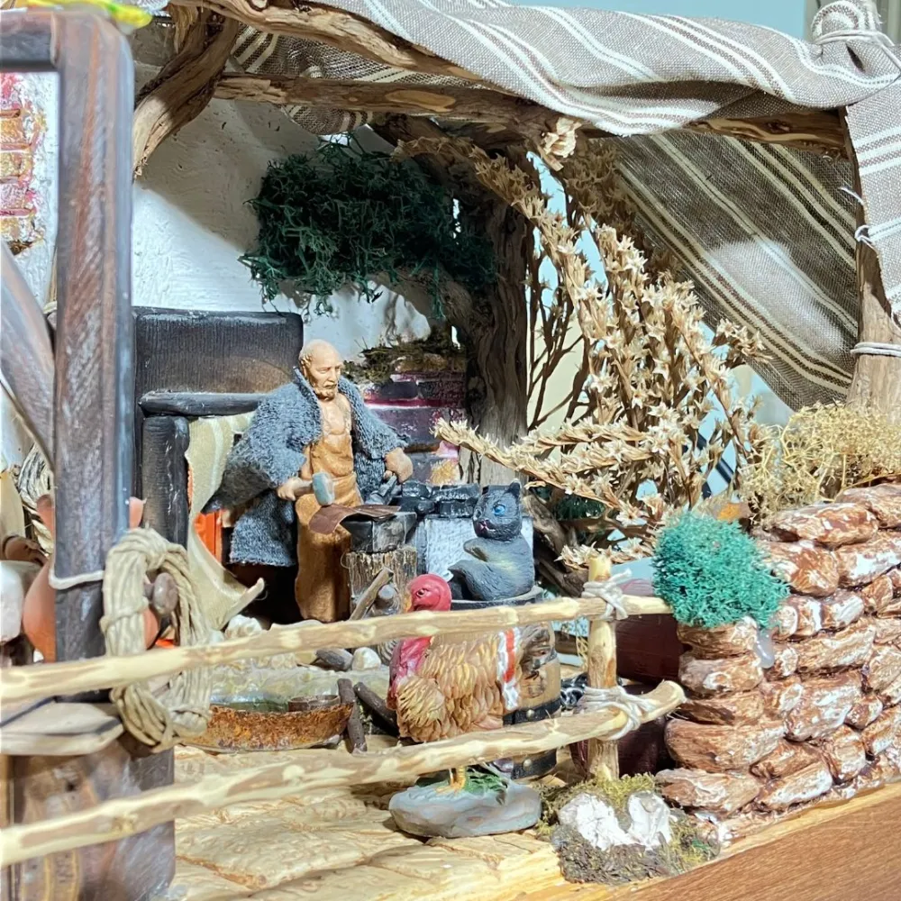 Wooden and Cork Nativity Scene with Eight Moving Figures, Flowing Water and 10 cm Figures