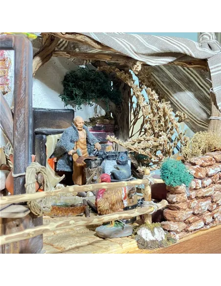 Wooden and Cork Nativity Scene with Eight Moving Figures, Flowing Water and 10 cm Figures