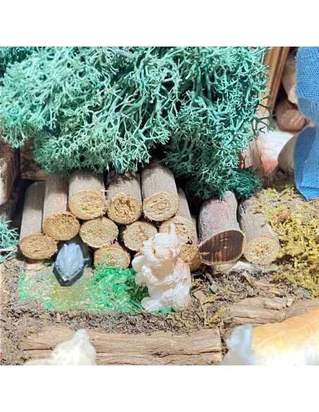 Presepe con 8 movimenti ed acqua in legno e sughero con statue da 10 cm