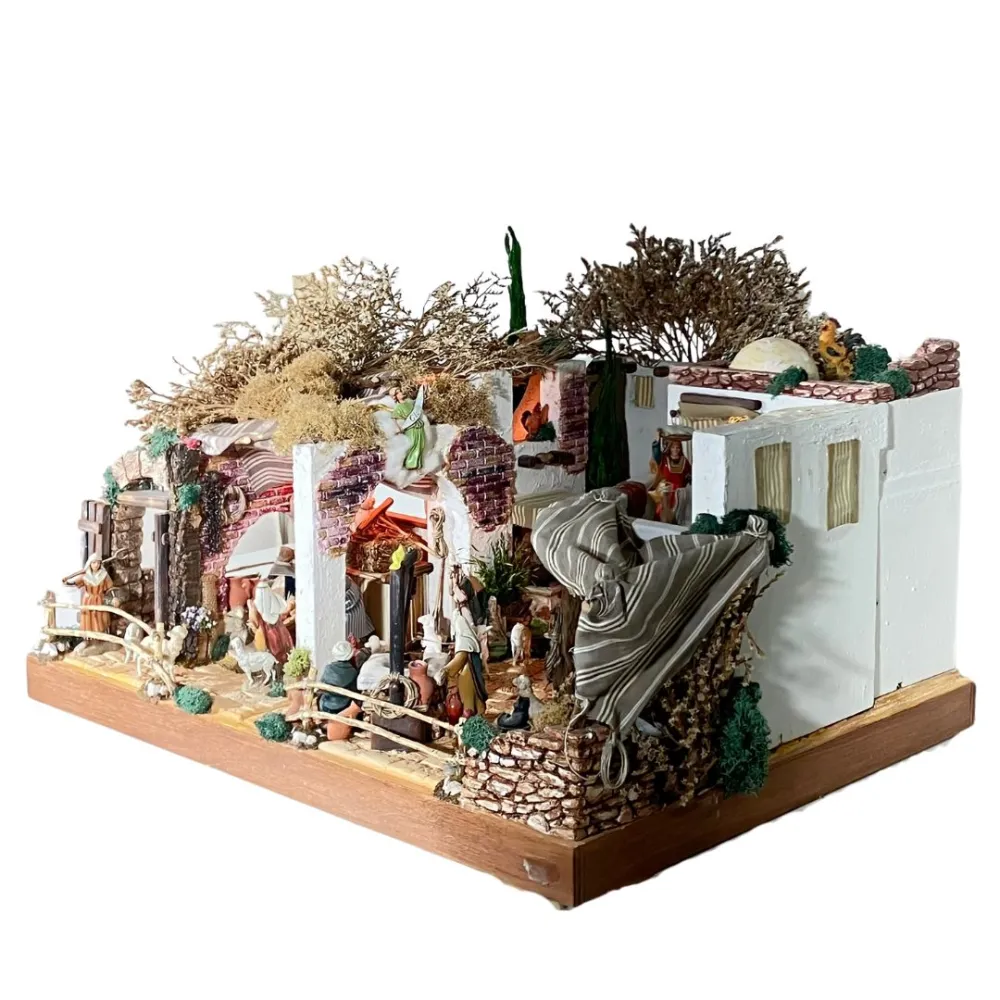Wooden and Cork Nativity Scene with Eight Moving Figures, Flowing Water and 10 cm Figures