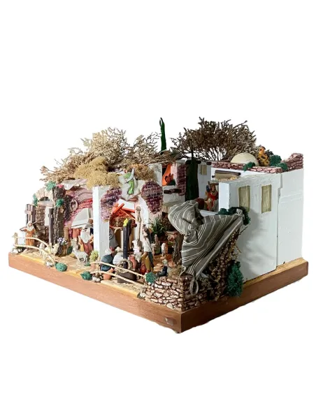 Wooden and Cork Nativity Scene with Eight Moving Figures, Flowing Water and 10 cm Figures