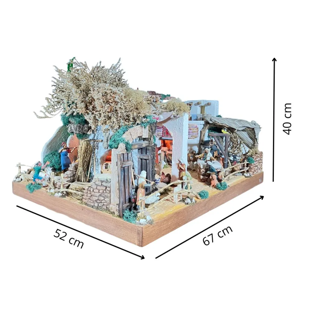 Wooden and Cork Nativity Scene with Eight Moving Figures, Flowing Water and 10 cm Figures
