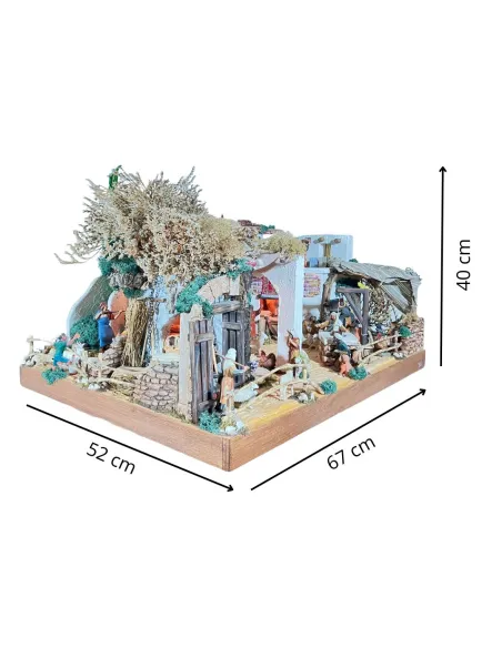Wooden and Cork Nativity Scene with Eight Moving Figures, Flowing Water and 10 cm Figures