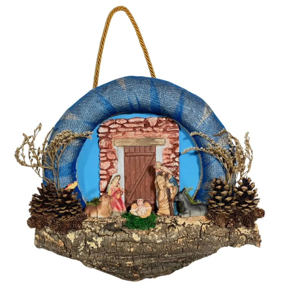 Wall-Hanging Nativity Wreath with Battery-Operated Lights and 8 cm Nativity Figures