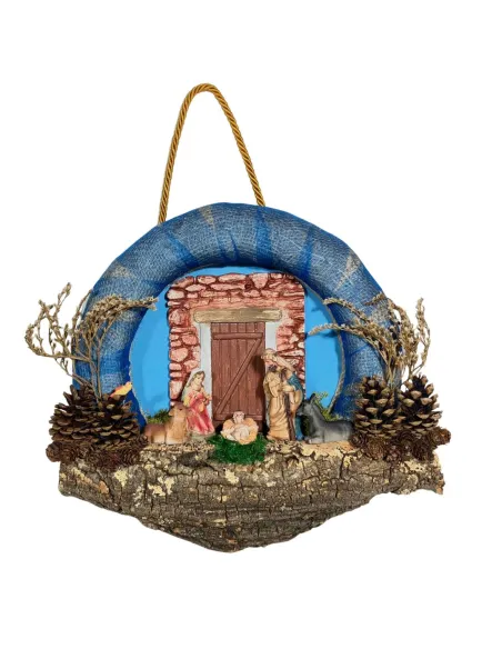 Presepe su ghirlanda con luci a batteria e statue da 8 cm