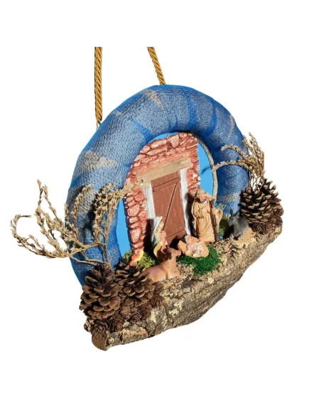 Presepe su ghirlanda con luci a batteria e statue da 8 cm