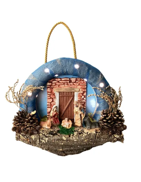 Presepe su ghirlanda con luci a batteria e statue da 8 cm