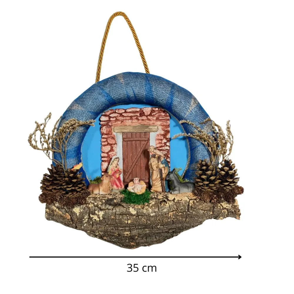 Wall-Hanging Nativity Wreath with Battery-Operated Lights and 8 cm Nativity Figures