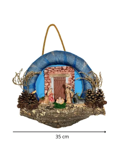 Presepe su ghirlanda con luci a batteria e statue da 8 cm