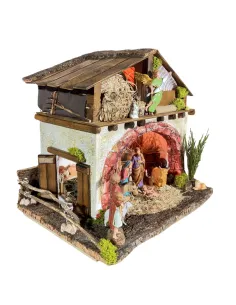 Presepe su fienile in legno, gesso e sughero con luci e statue da 10 cm 2