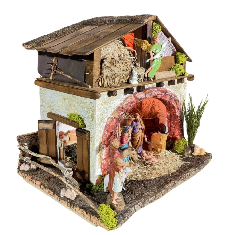raditional Nativity Scene on Hayloft in Wood, Plaster and Cork with Lights and 10 cm Nativity Figures