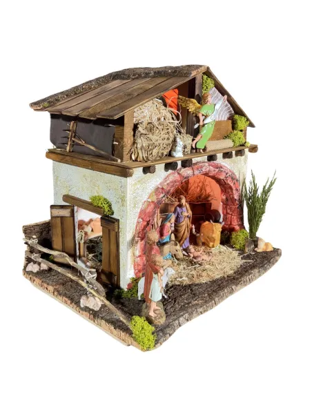 Presepe su fienile in legno, gesso e sughero con luci e statue da 10 cm