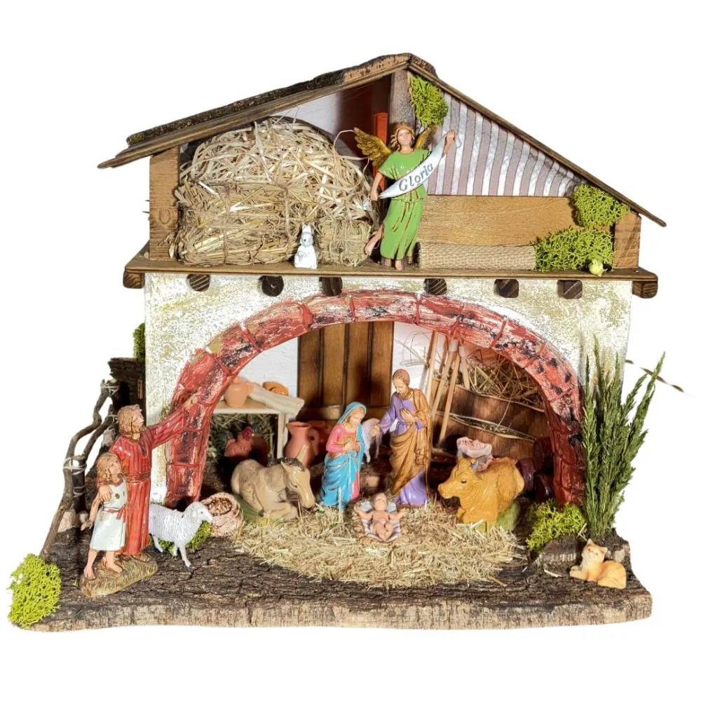 raditional Nativity Scene on Hayloft in Wood, Plaster and Cork with Lights and 10 cm Nativity Figures