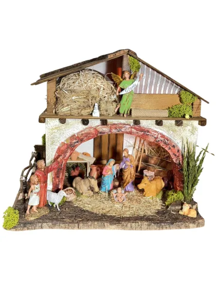Presepe su fienile in legno, gesso e sughero con luci e statue da 10 cm