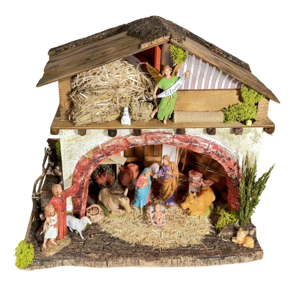 raditional Nativity Scene on Hayloft in Wood, Plaster and Cork with Lights and 10 cm Nativity Figures
