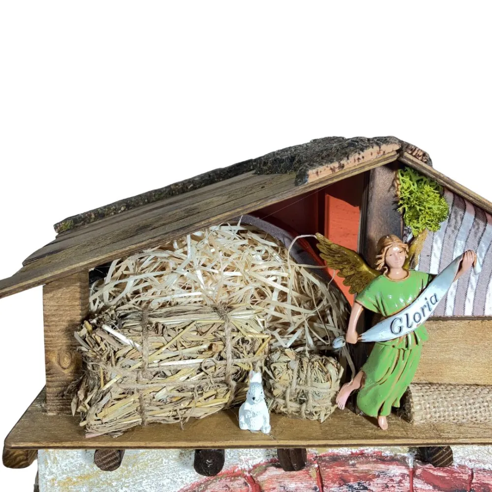 raditional Nativity Scene on Hayloft in Wood, Plaster and Cork with Lights and 10 cm Nativity Figures