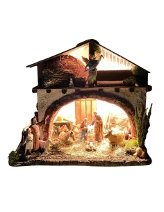 Presepe su fienile in legno, gesso e sughero con luci e statue da 10 cm
