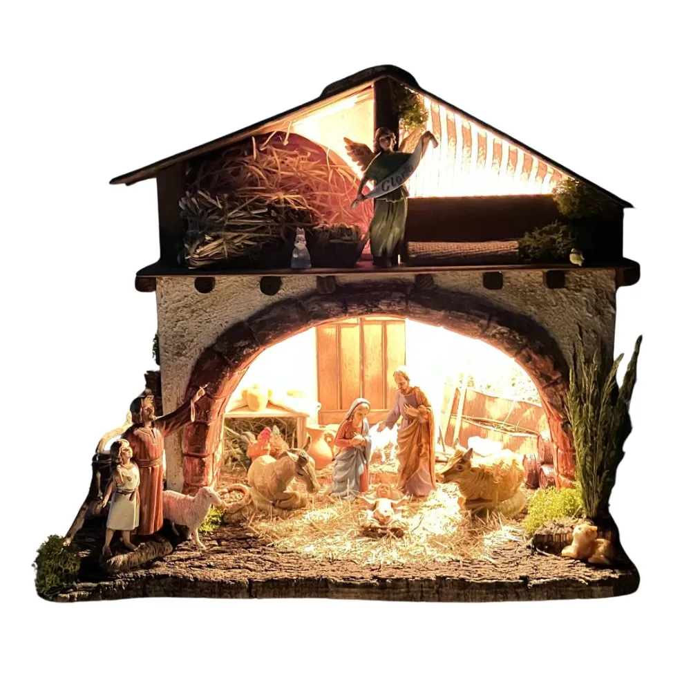 raditional Nativity Scene on Hayloft in Wood, Plaster and Cork with Lights and 10 cm Nativity Figures