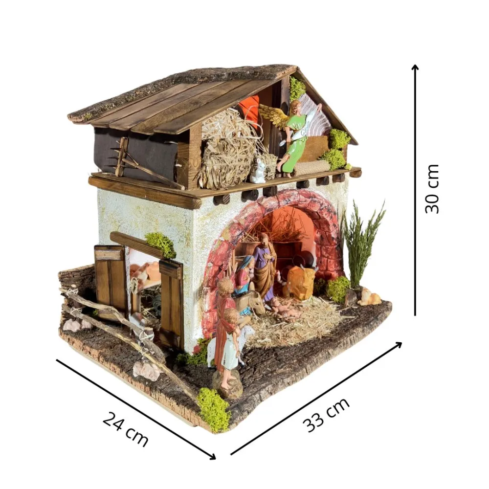 raditional Nativity Scene on Hayloft in Wood, Plaster and Cork with Lights and 10 cm Nativity Figures