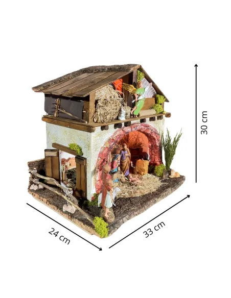 Presepe su fienile in legno, gesso e sughero con luci e statue da 10 cm