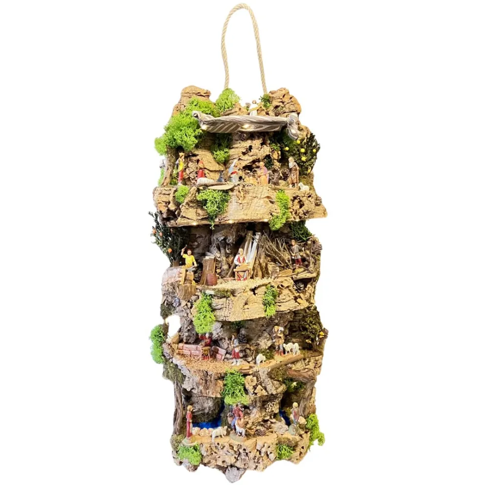 Wall-Hanging Nativity Scene on Cork Bark with Battery-Operated Lights and 6 cm Nativity Figures