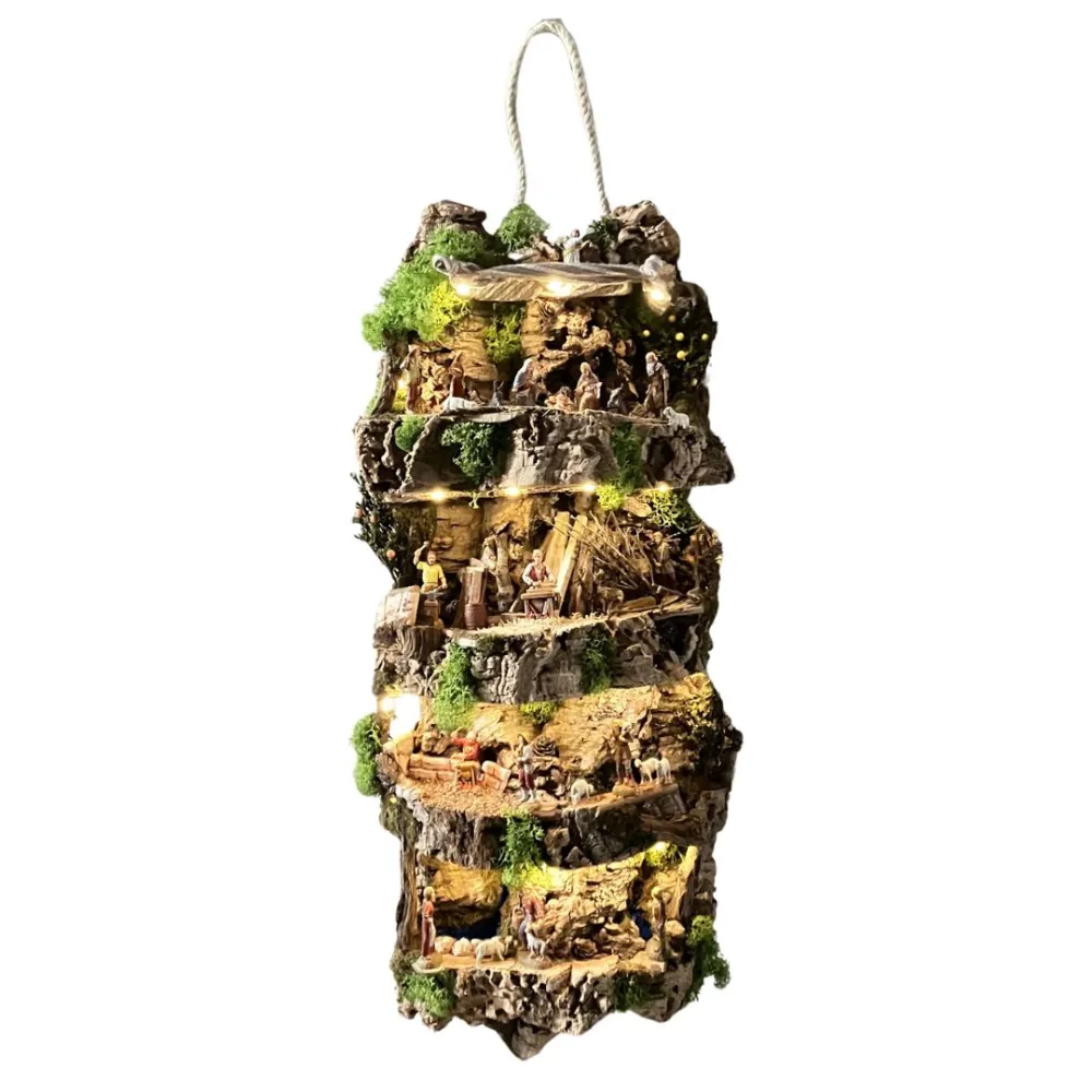 Wall-Hanging Nativity Scene on Cork Bark with Battery-Operated Lights and 6 cm Nativity Figures