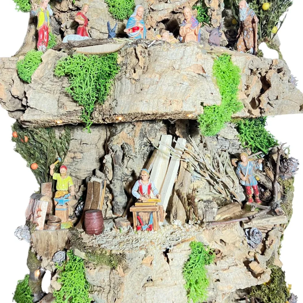 Wall-Hanging Nativity Scene on Cork Bark with Battery-Operated Lights and 6 cm Nativity Figures