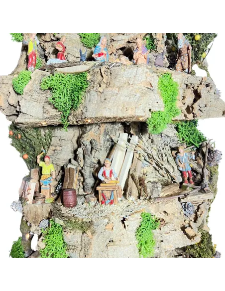 Presepe su corteccia di sughero con luci a batteria e statue da 6 cm