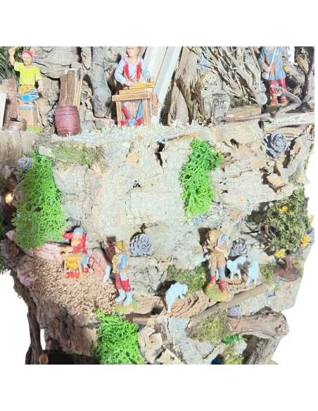 Presepe su corteccia di sughero con luci a batteria e statue da 6 cm