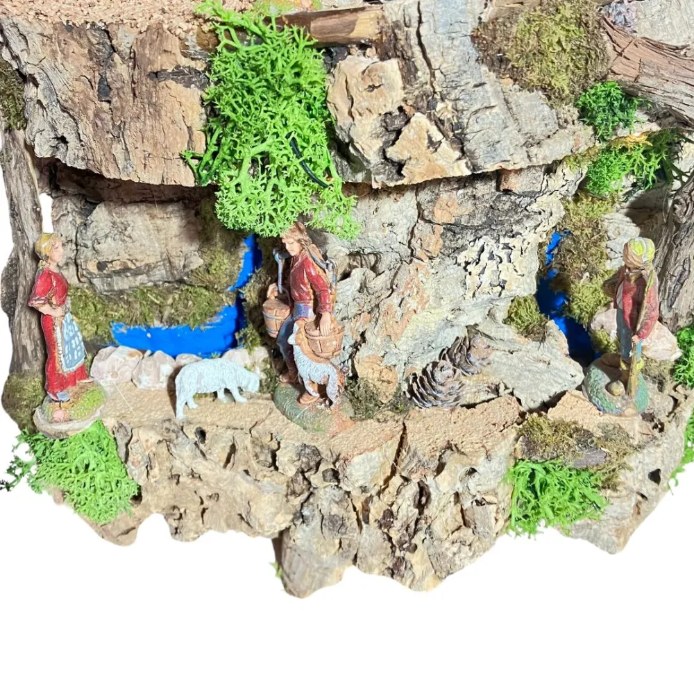 Wall-Hanging Nativity Scene on Cork Bark with Battery-Operated Lights and 6 cm Nativity Figures