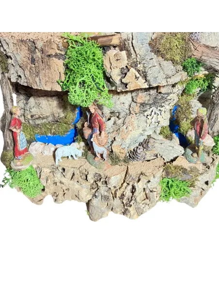 Presepe su corteccia di sughero con luci a batteria e statue da 6 cm