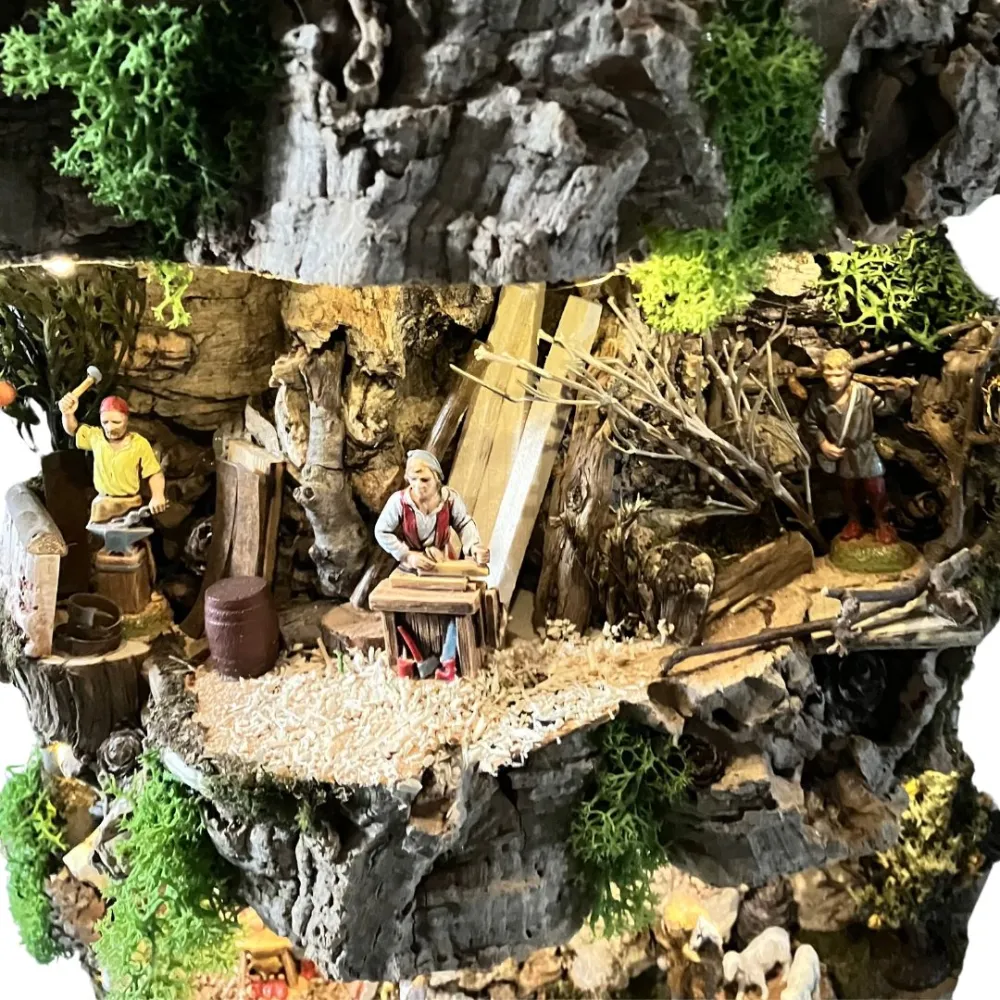 Wall-Hanging Nativity Scene on Cork Bark with Battery-Operated Lights and 6 cm Nativity Figures
