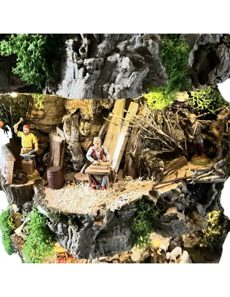 Presepe su corteccia di sughero con luci a batteria e statue da 6 cm