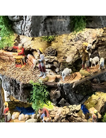 Presepe su corteccia di sughero con luci a batteria e statue da 6 cm