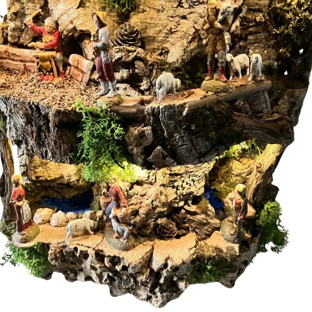 Wall-Hanging Nativity Scene on Cork Bark with Battery-Operated Lights and 6 cm Nativity Figures