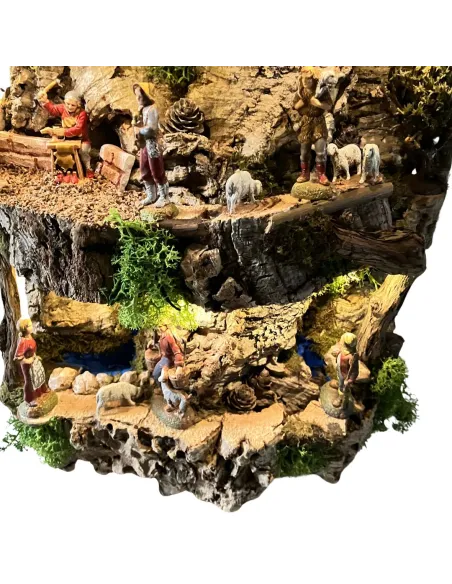 Presepe su corteccia di sughero con luci a batteria e statue da 6 cm