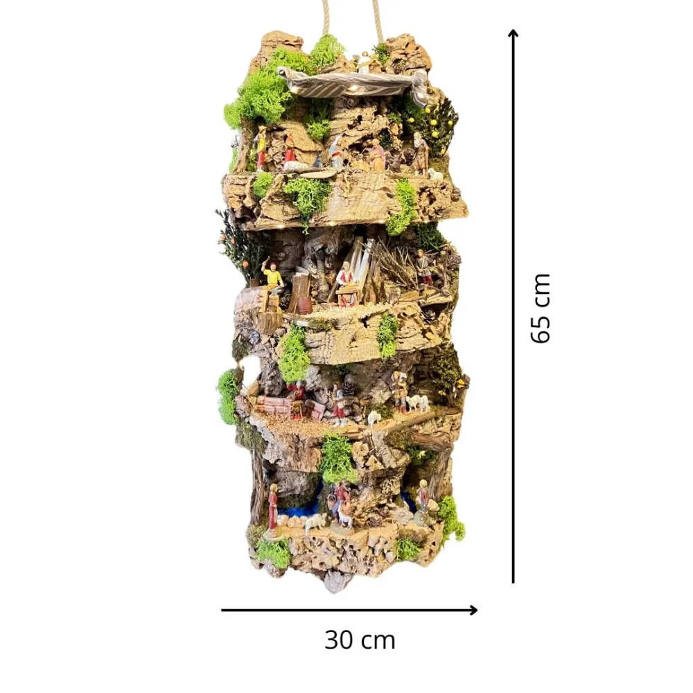 Wall-Hanging Nativity Scene on Cork Bark with Battery-Operated Lights and 6 cm Nativity Figures