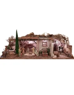 Presepe popolare in sughero e legno con luci 220 volt e statue da 30 cm