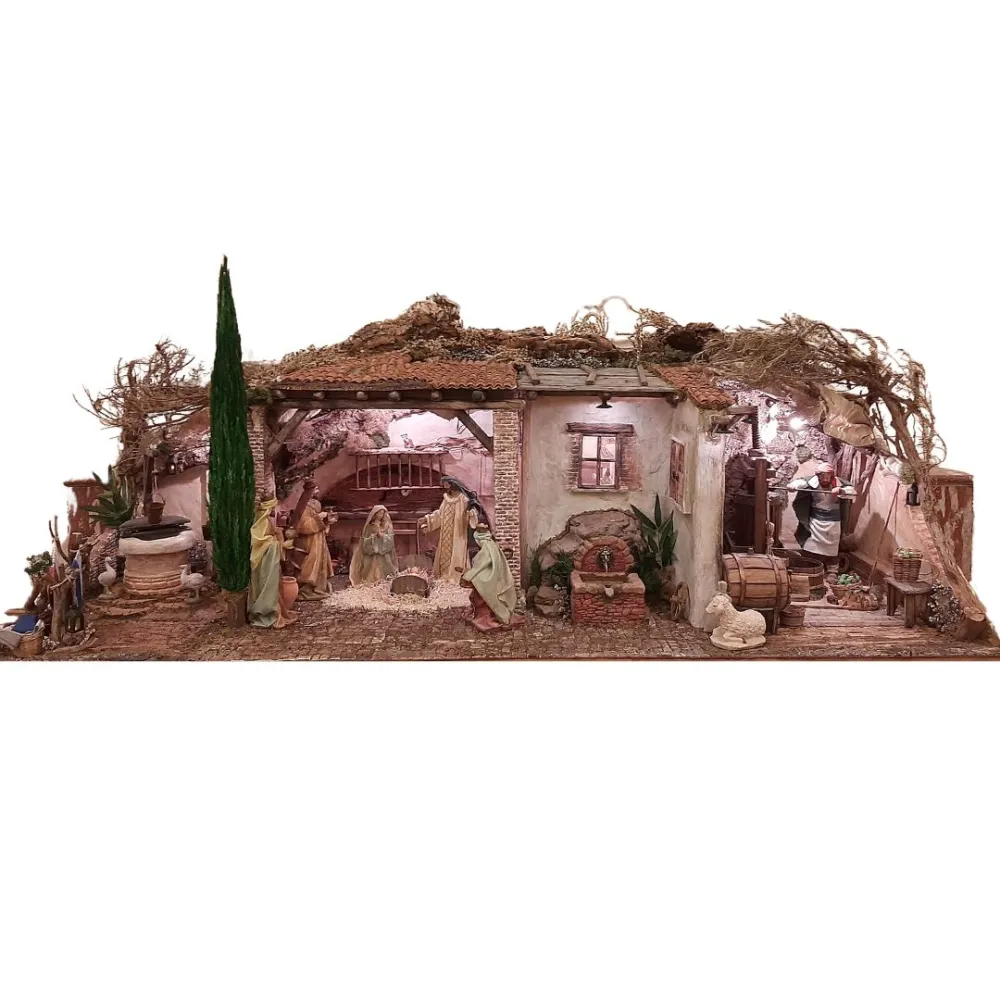 Traditional Nativity Scene in Cork and Wood with 220 V Lights and 30 cm Nativity Figures