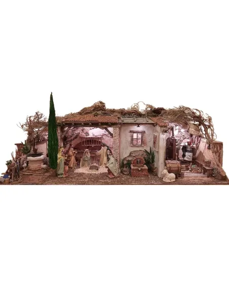 Presepe popolare in sughero e legno con luci 220 volt e statue da 30 cm