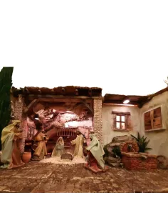 Presepe popolare in sughero e legno con luci 220 volt e statue da 30 cm 2