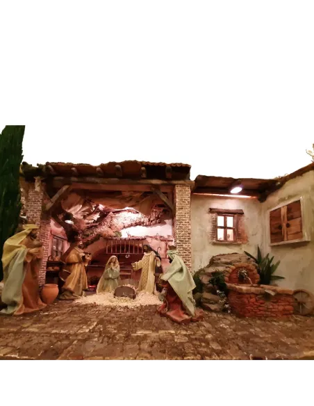 Presepe popolare in sughero e legno con luci 220 volt e statue da 30 cm