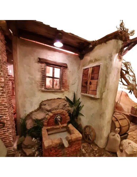 Presepe popolare in sughero e legno con luci 220 volt e statue da 30 cm