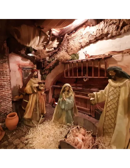 Presepe popolare in sughero e legno con luci 220 volt e statue da 30 cm