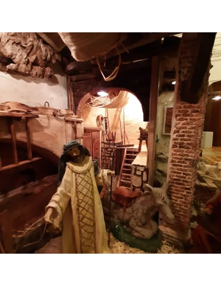 Presepe popolare in sughero e legno con luci 220 volt e statue da 30 cm