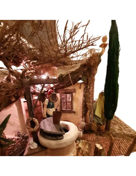 Presepe popolare in sughero e legno con luci 220 volt e statue da 30 cm