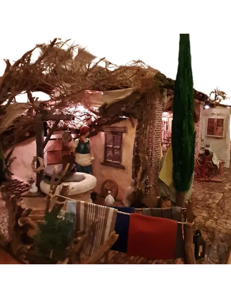Presepe popolare in sughero e legno con luci 220 volt e statue da 30 cm