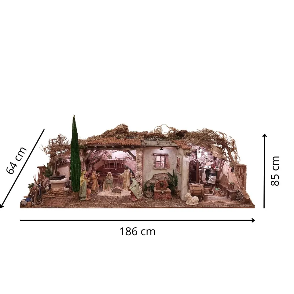 Traditional Nativity Scene in Cork and Wood with 220 V Lights and 30 cm Nativity Figures