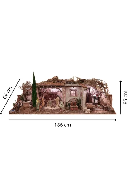 Traditional Nativity Scene in Cork and Wood with 220 V Lights and 30 cm Nativity Figures
