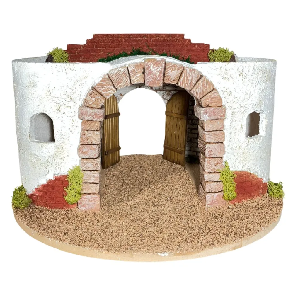 Round Setting in Wood and Plaster with Battery-Operated Lights for Nativity Figures